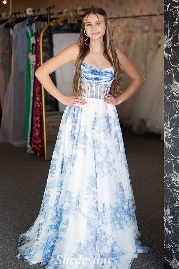 Spaghetti Straps Ligth Blue Floral Print A-Line Prom Dress