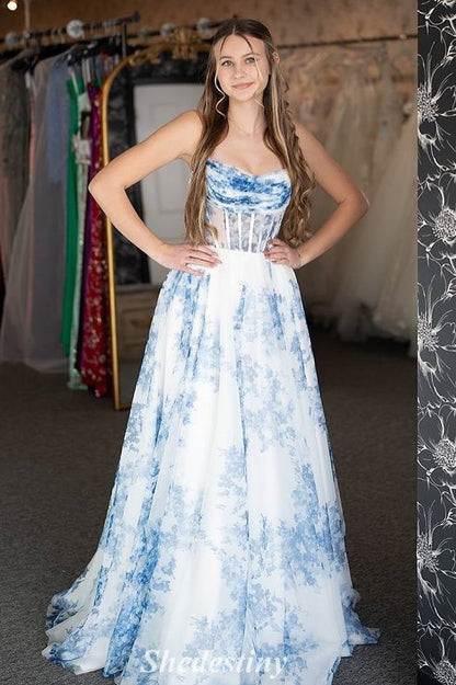 Spaghetti Straps Ligth Blue Floral Print A-Line Prom Dress
