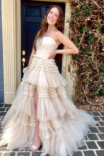 Strapless Fuchsia Pleated Tiered Tulle Prom Dress with Slit
