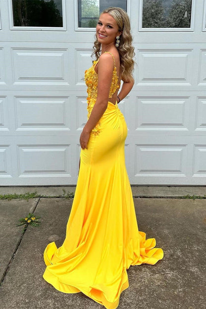 Light Blue 3D Floral Lace V-Neck Backless Trumpet Prom Dress