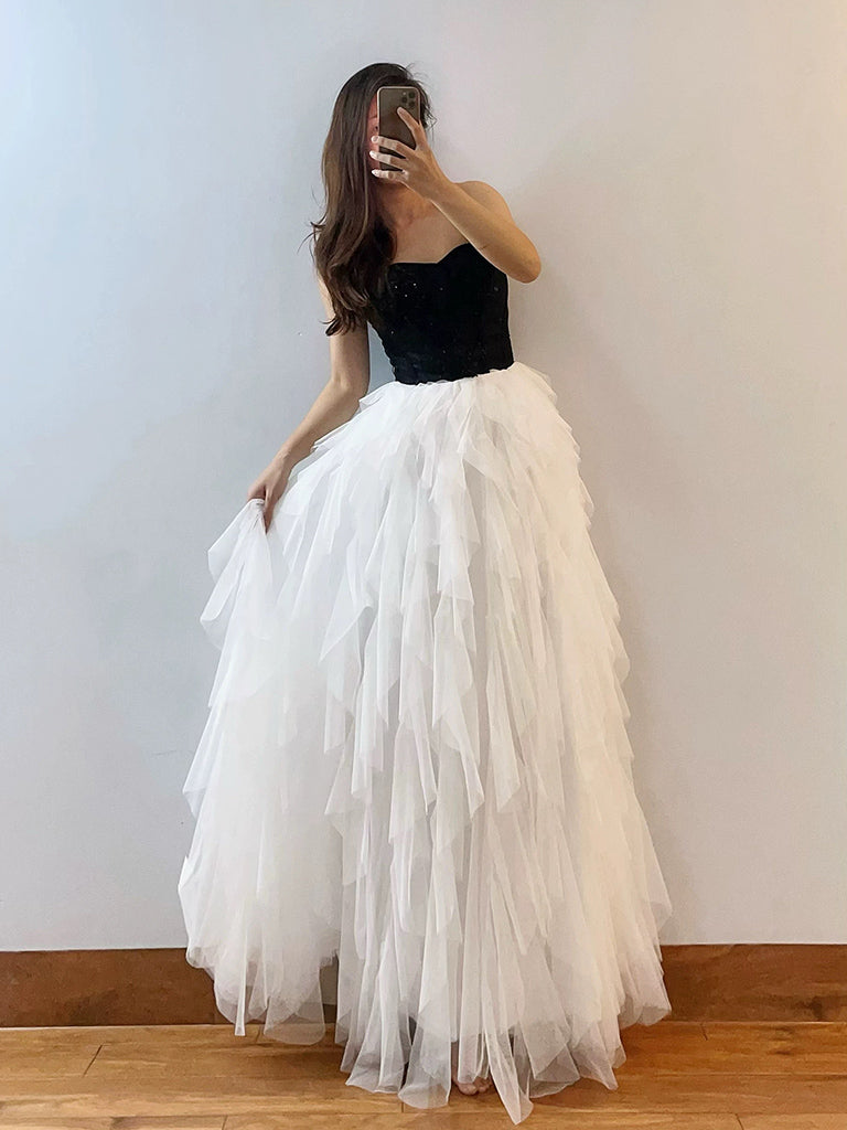 A-Line Sweetheart Neck Tulle White/Black Long Prom Dress, White/Black Long Fromal Dress