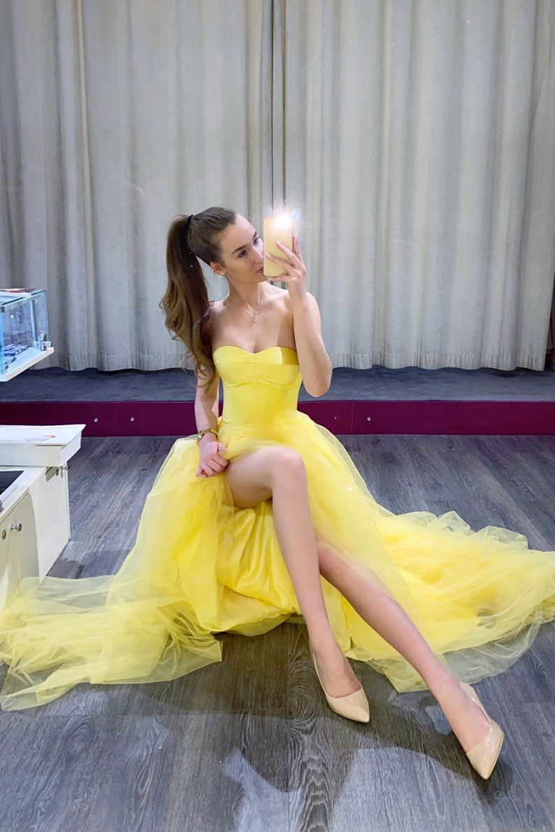 Yellow simple tulle long prom dress yellow formal dress