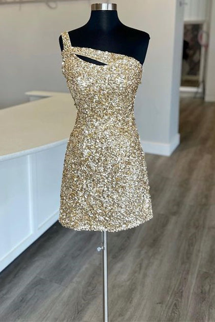One-Shoulder Blue Sequin Keyhole Mini Homecoming Dress