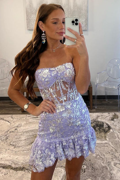 Lavender Sequin Lace Strapless Sheer Bodice Short Gown with Ruffles