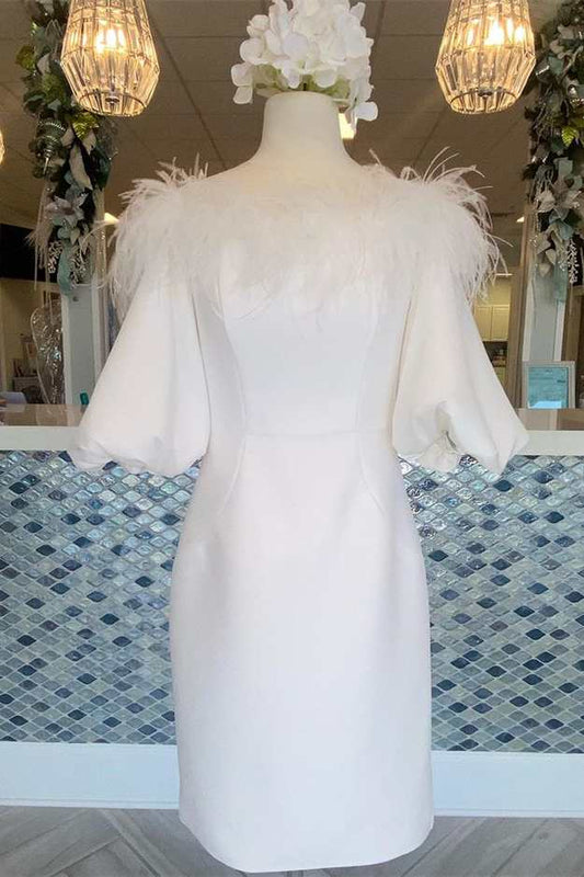 White Feather Off-the-Shoulder Puff Sleeve Short Party Dress