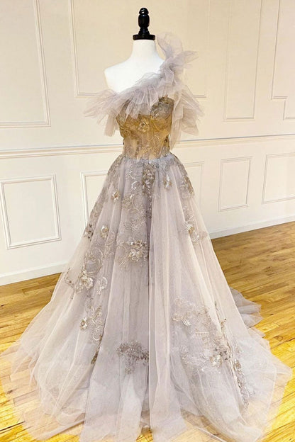 Champagne tulle lace long prom dress lace formal dress