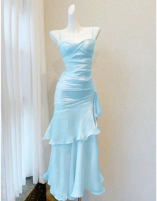Blue Fairy Dress, Long Chiffon Halter Dress gh6871