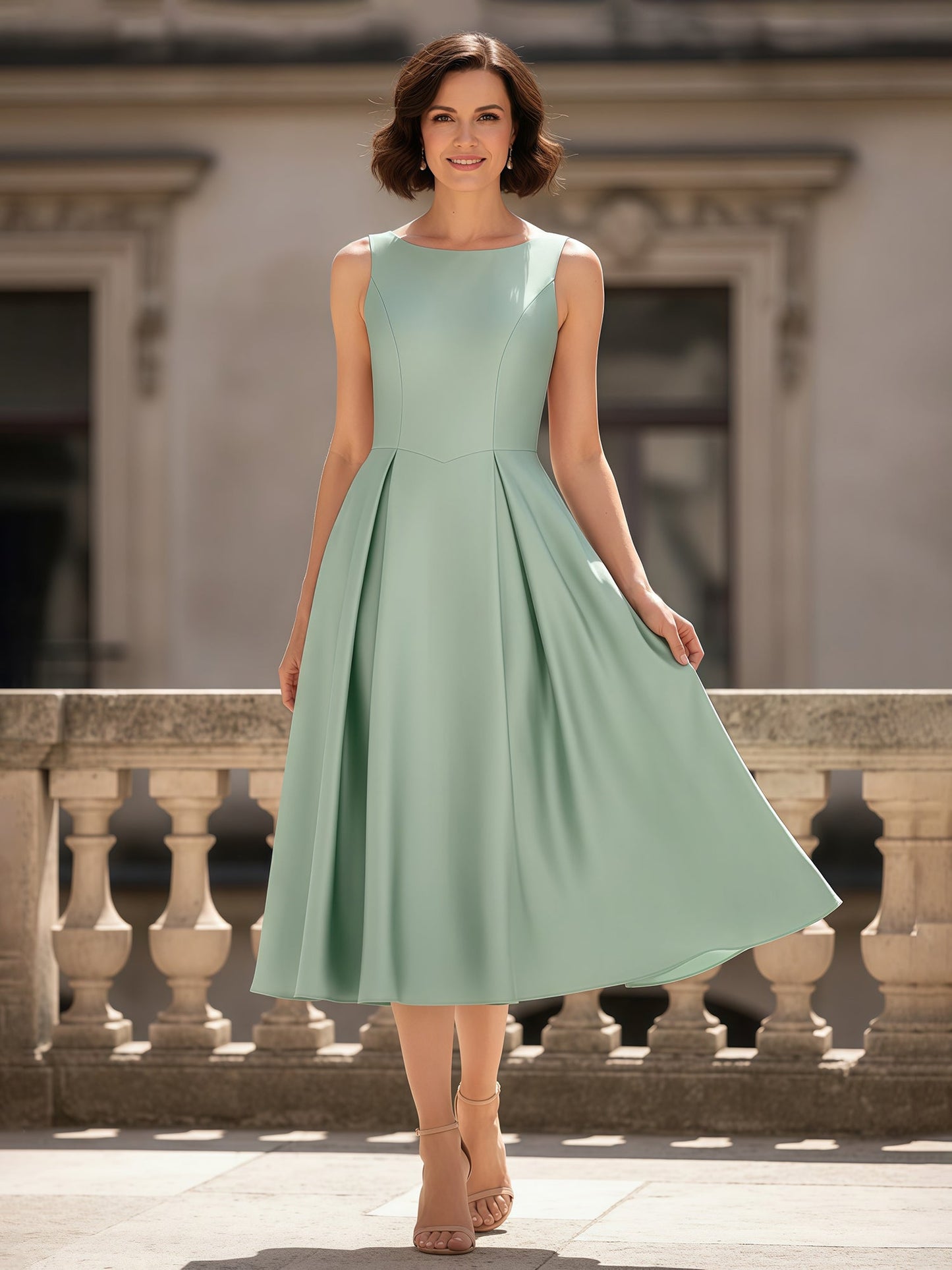 A-Line Scoop Neck Ruched Tea-Length Satin Dress Mint Green