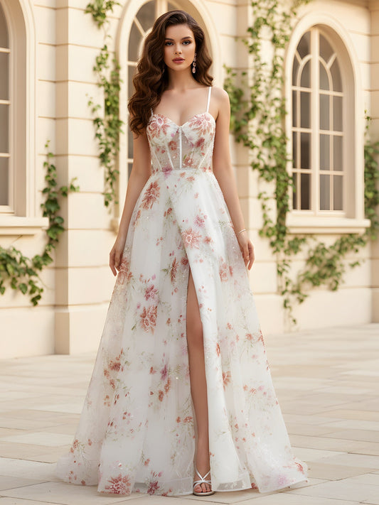 Spaghetti Straps Sweetheart Neck Floral Dress With Slit Ivory