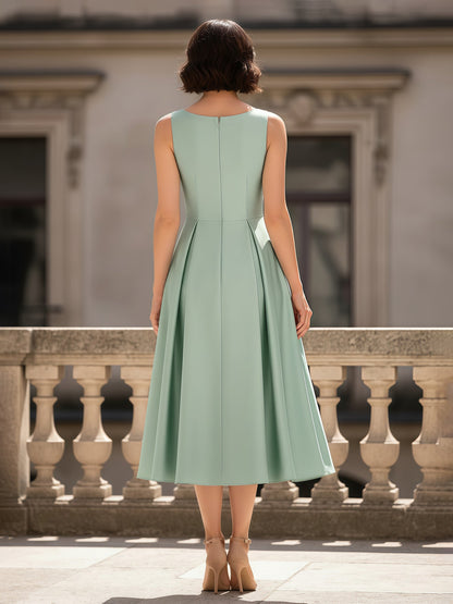 A-Line Scoop Neck Ruched Tea-Length Satin Dress Mint Green