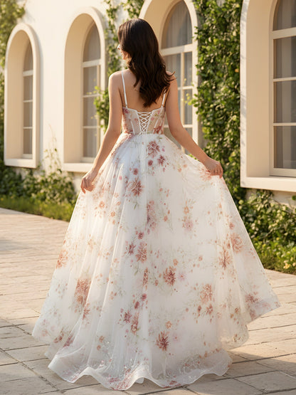 Spaghetti Straps Sweetheart Neck Floral Dress With Slit Ivory