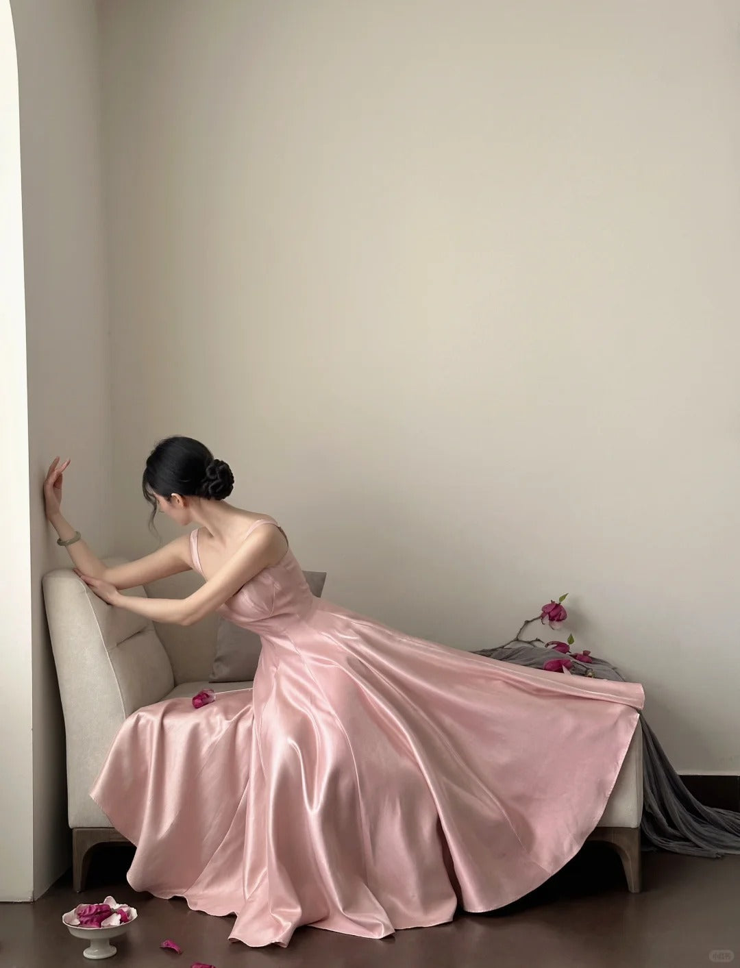 Elegant Pink A-line Square Neck Strap Satin Long Prom Dress Evening Dress cc5274