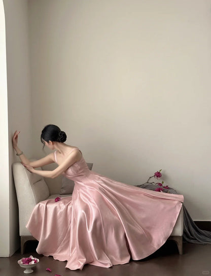 Elegant Pink A-line Square Neck Strap Satin Long Prom Dress Evening Dress cc5274