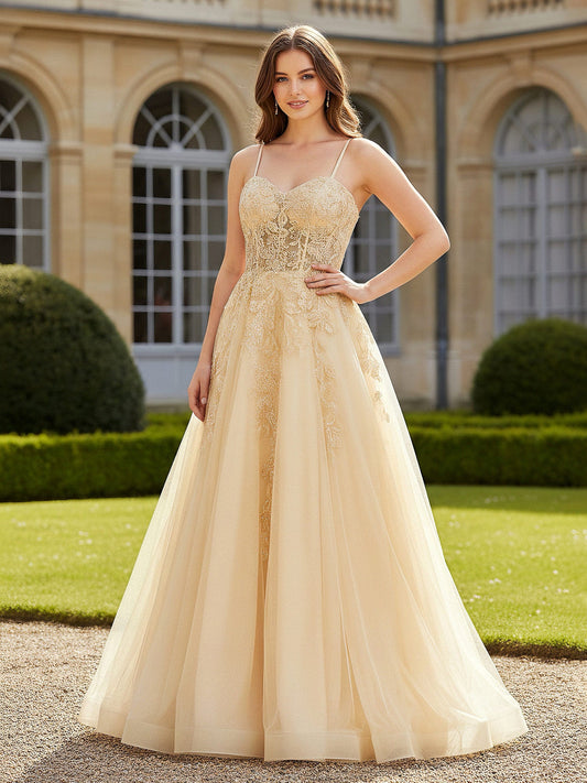 Sweetheart Appliqued Corset Tulle Gown Champagne