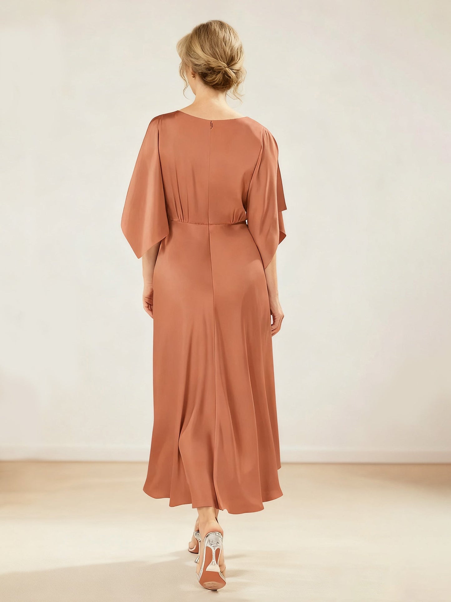 Gathered Waist Boat-Neck Special Occasion Dress Papaya