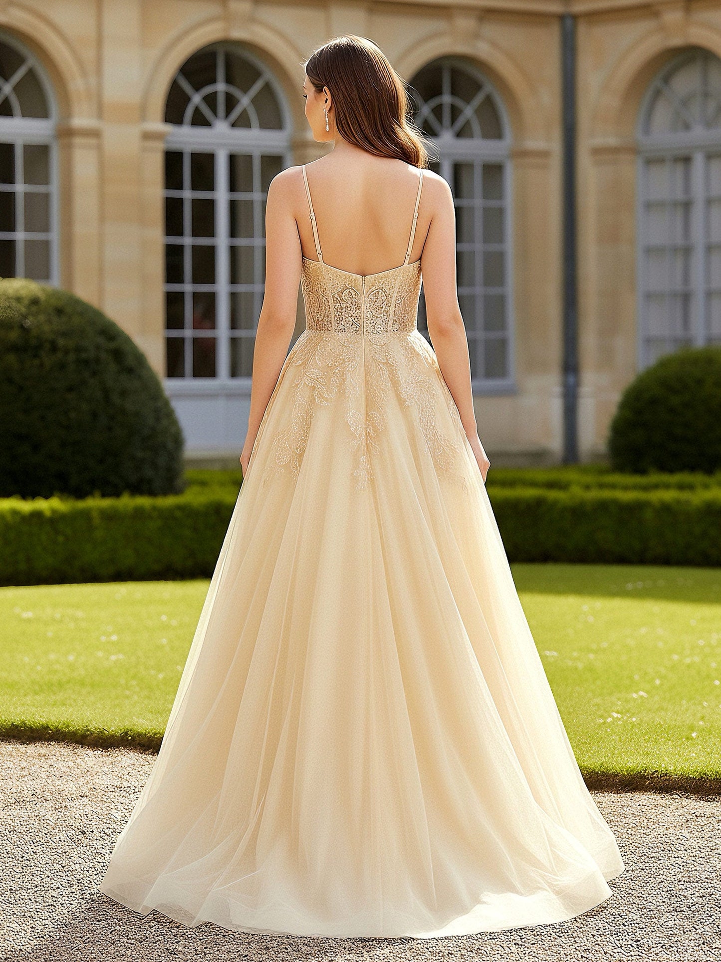 Sweetheart Appliqued Corset Tulle Gown Champagne