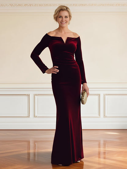 Off-Shoulder V-Cut Long Sleeve Velvet Gown Burgundy