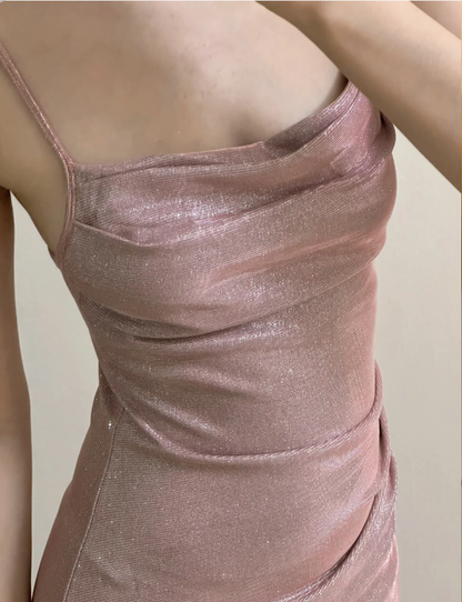 Elegant Pink Mermaid Spaghetti Strap Glittery Long Prom Dress Evening Dress Bridesmaid Dress cc5360