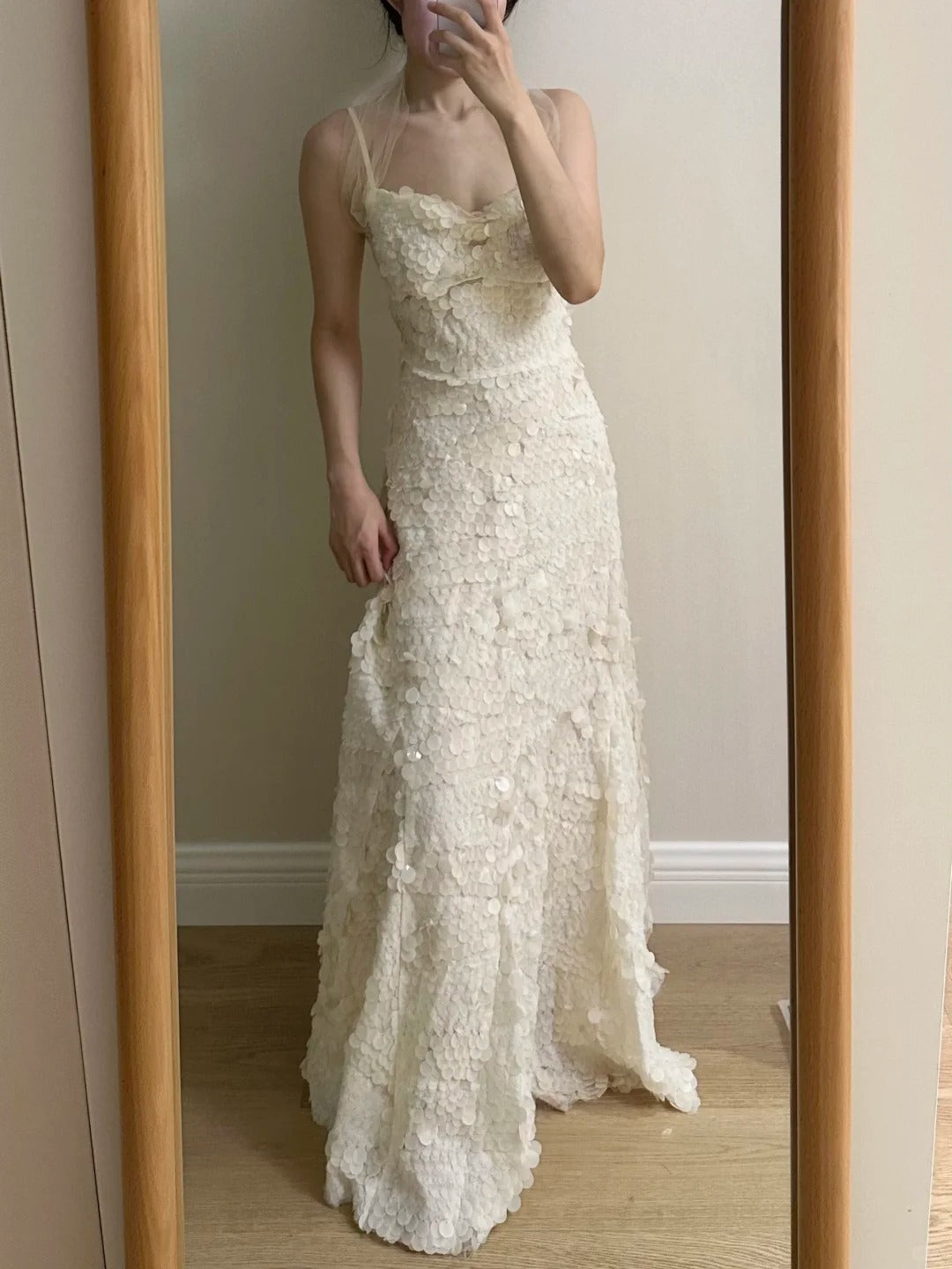 Chic Ivory Fitted Spaghetti Strap Sequined Long Prom Dress Evening Dress Bridesmaid Dress cc5361