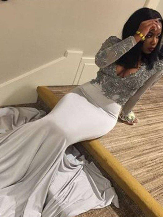 Trumpet/Mermaid V-neck Long Sleeves Sweep/Brush Train Applique Satin Dresses - RongMoon
