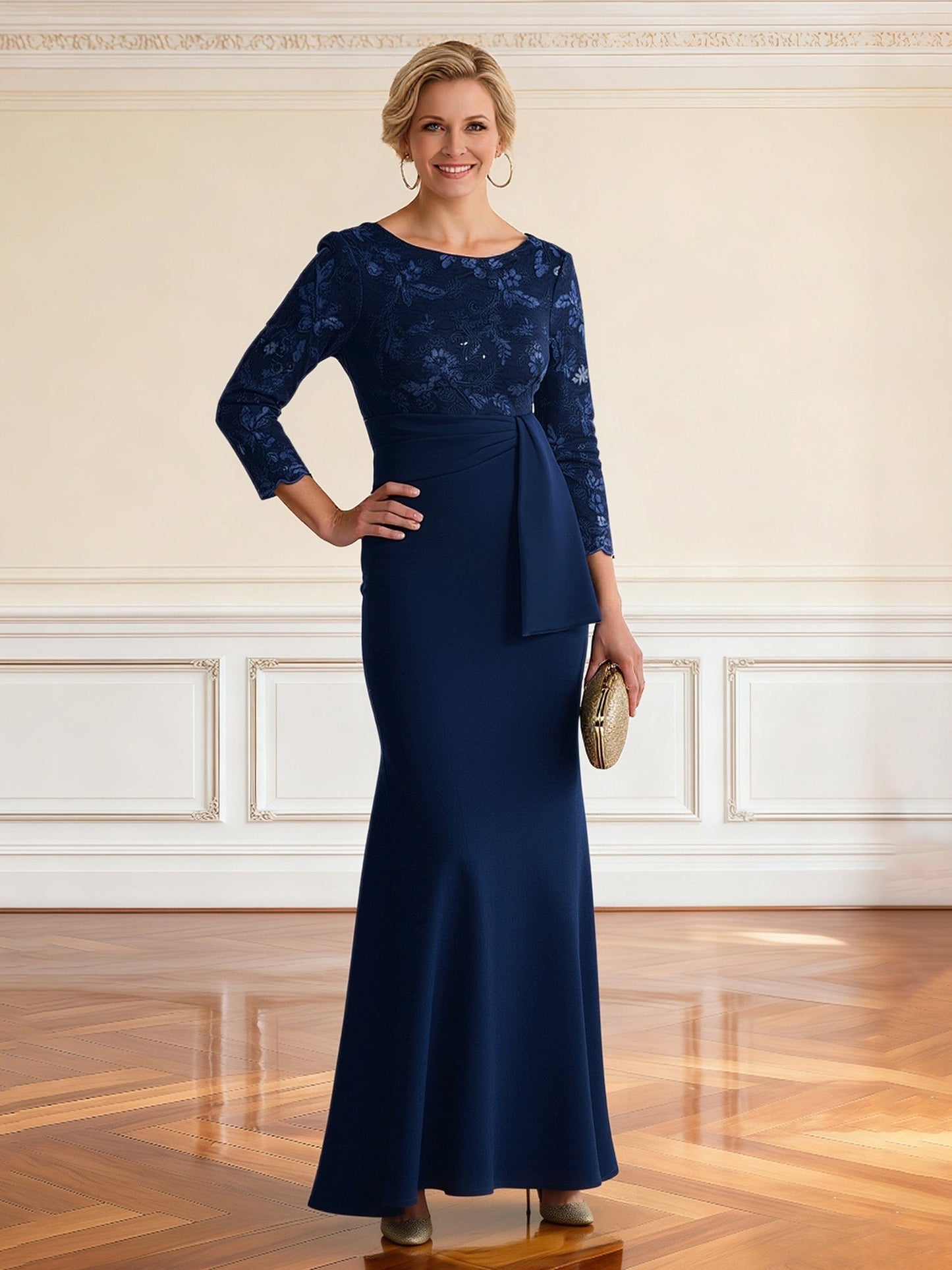 V-Back Formal Sheath with Gathered Waist Detail Dark Navy