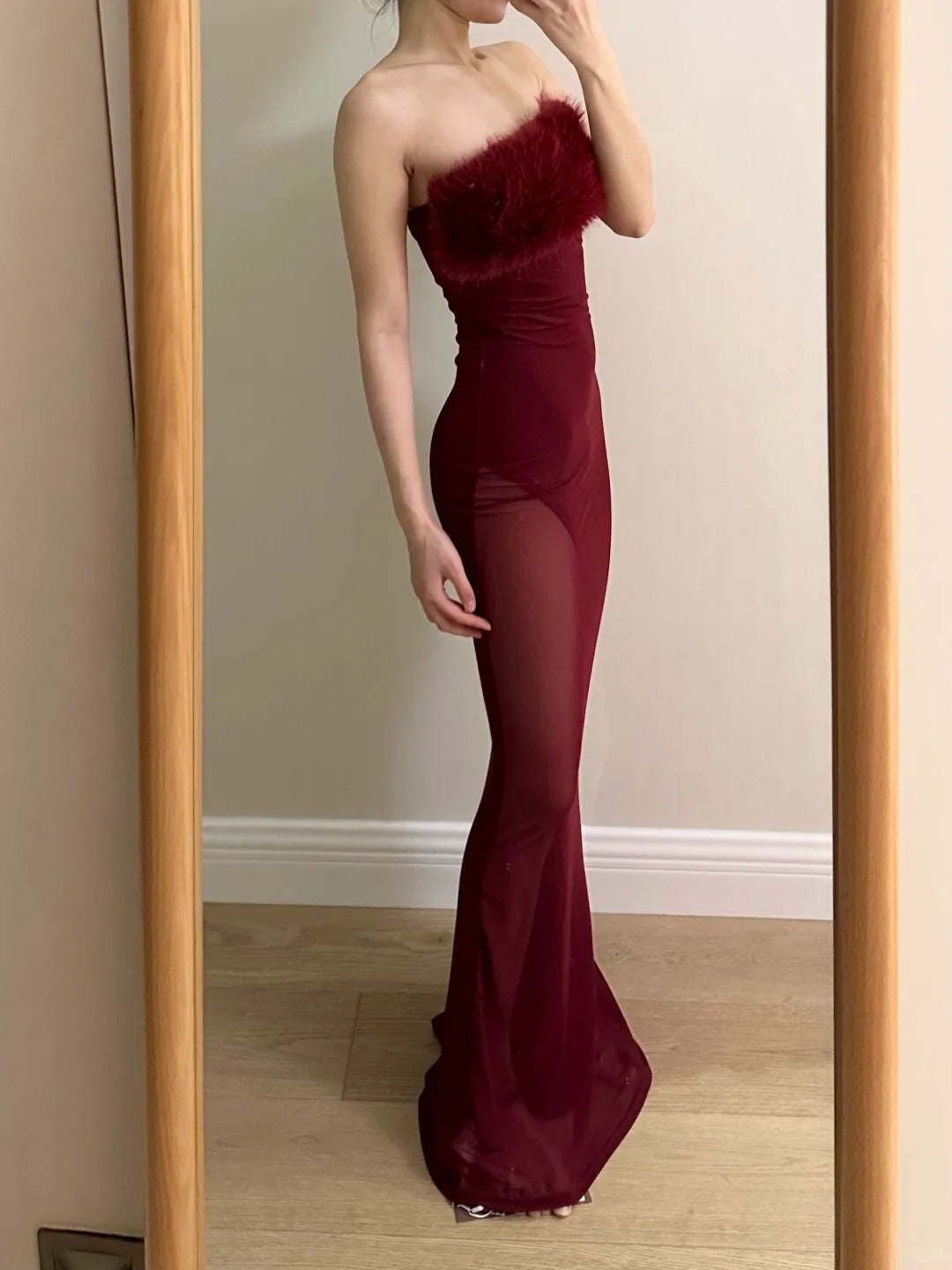 Sexy Burgundy Mermaid Strapless Mesh Long Prom Dress Evening Dress cc5363