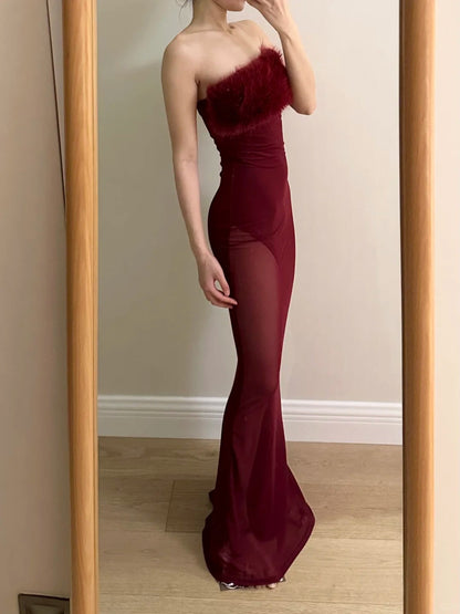 Sexy Burgundy Mermaid Strapless Mesh Long Prom Dress Evening Dress cc5363