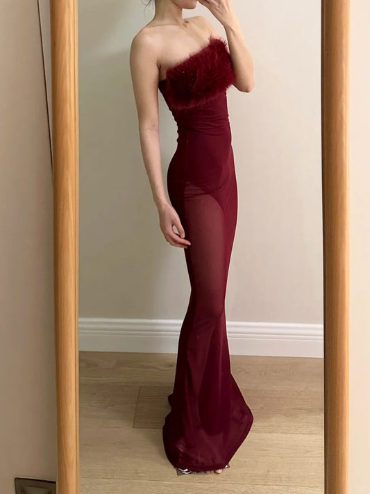 Sexy Burgundy Mermaid Strapless Mesh Long Prom Dress Evening Dress cc5363