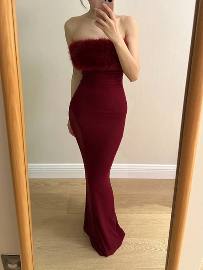 Sexy Burgundy Mermaid Strapless Mesh Long Prom Dress Evening Dress cc5363
