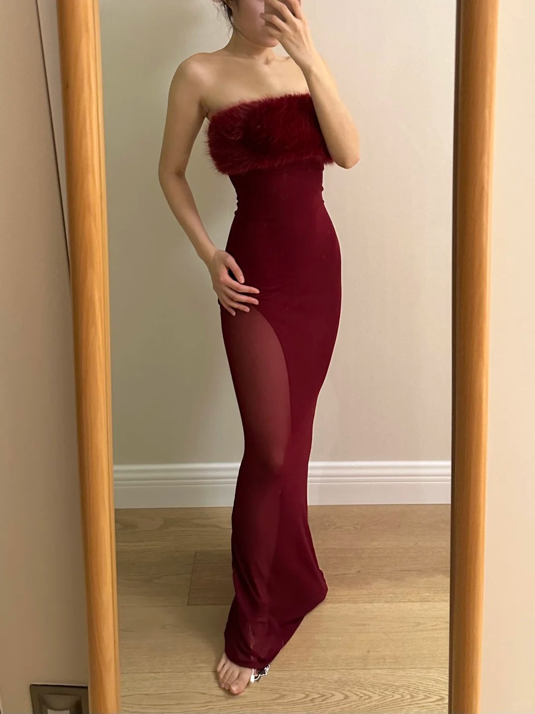 Sexy Burgundy Mermaid Strapless Mesh Long Prom Dress Evening Dress cc5363