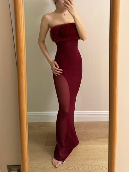 Sexy Burgundy Mermaid Strapless Mesh Long Prom Dress Evening Dress cc5363