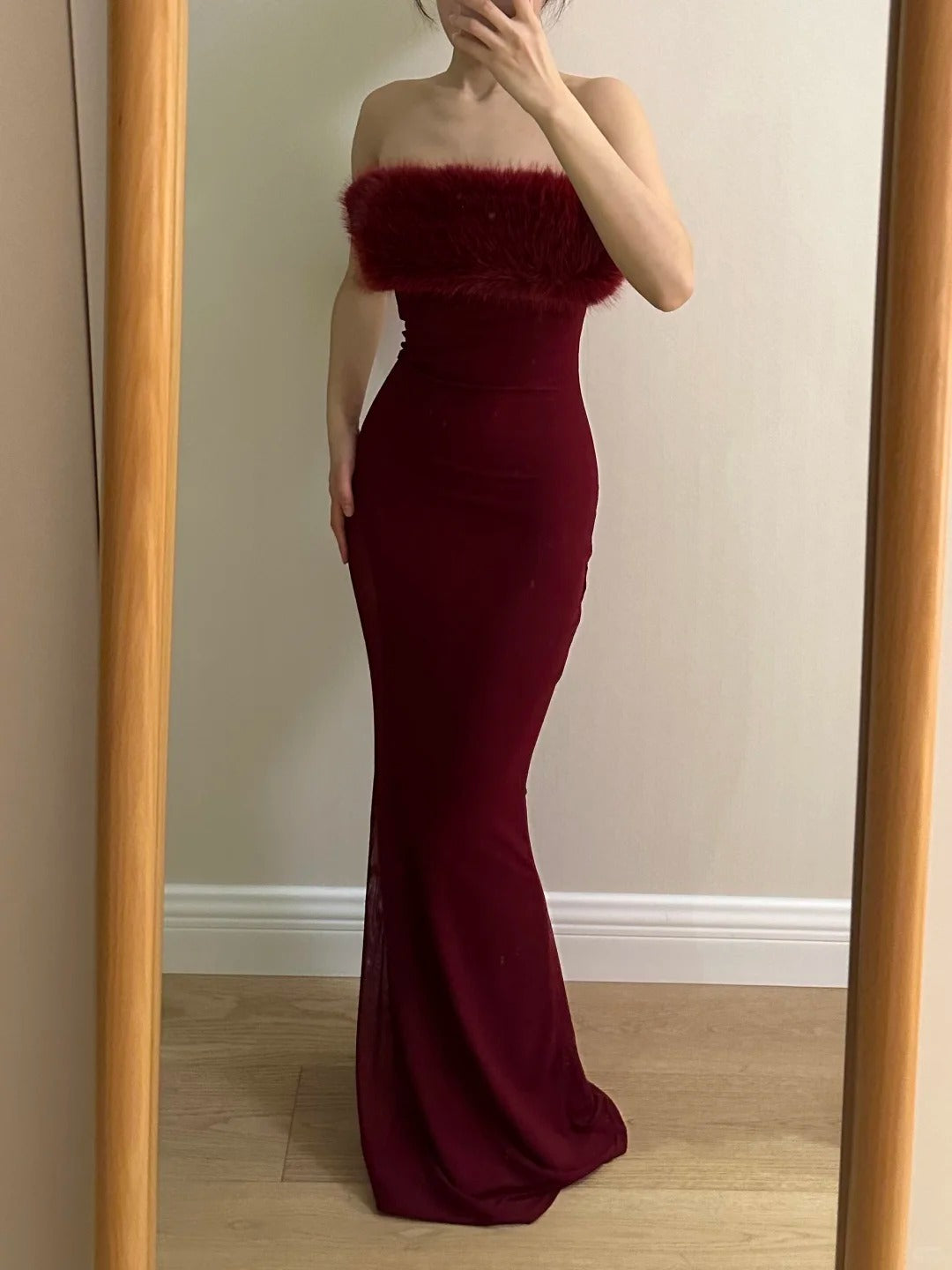 Sexy Burgundy Mermaid Strapless Mesh Long Prom Dress Evening Dress cc5363