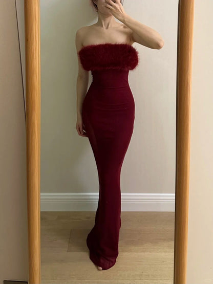 Sexy Burgundy Mermaid Strapless Mesh Long Prom Dress Evening Dress cc5363