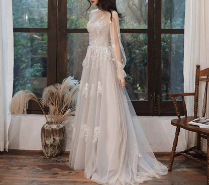 Long Sleeves Lace Tulle Wedding Dress A Line Long Prom Dress Formal Party Gown
