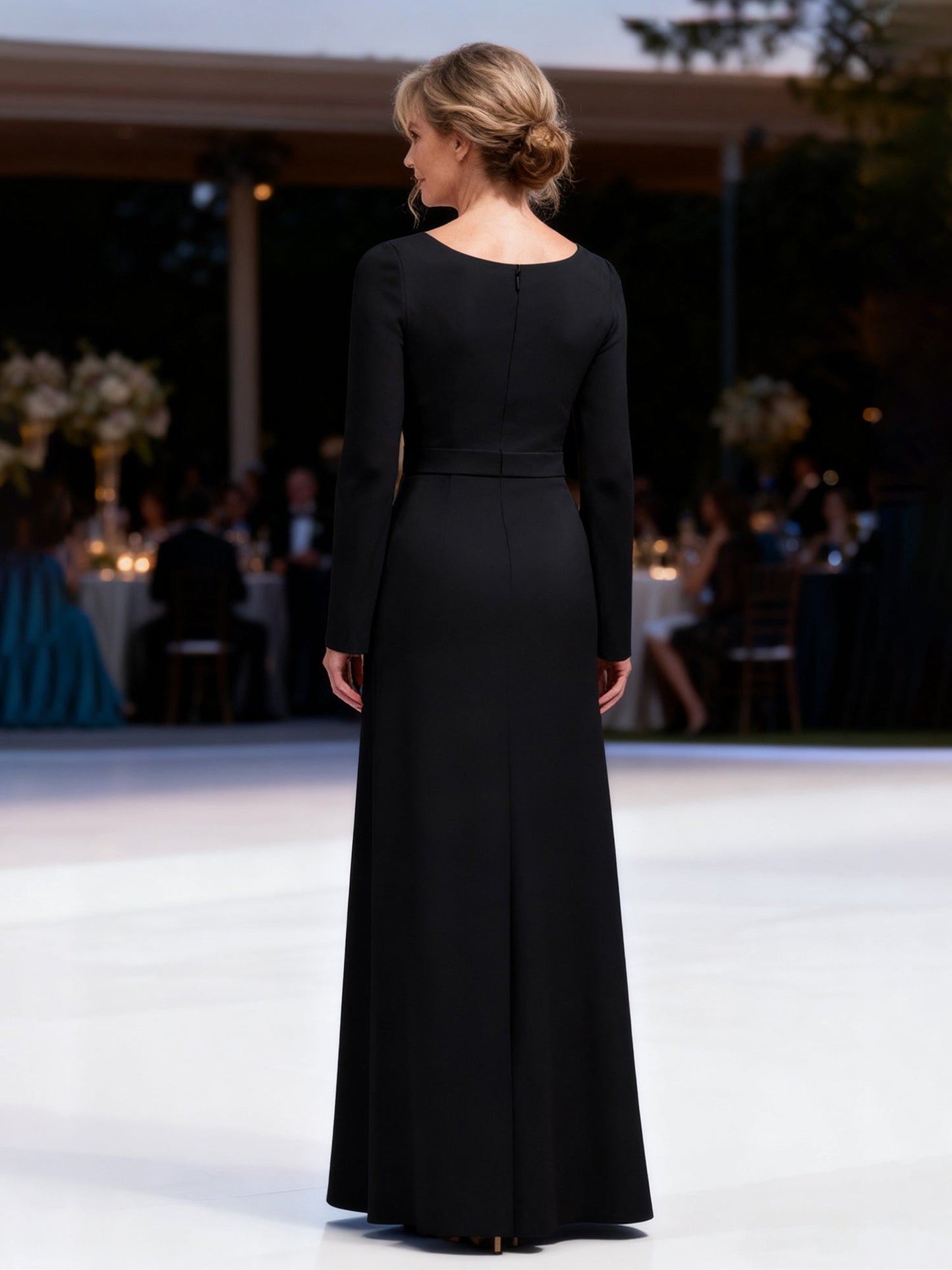 V-Neck Slit Sleeve Sheath Evening Dress Black