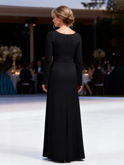 V-Neck Slit Sleeve Sheath Evening Dress Black