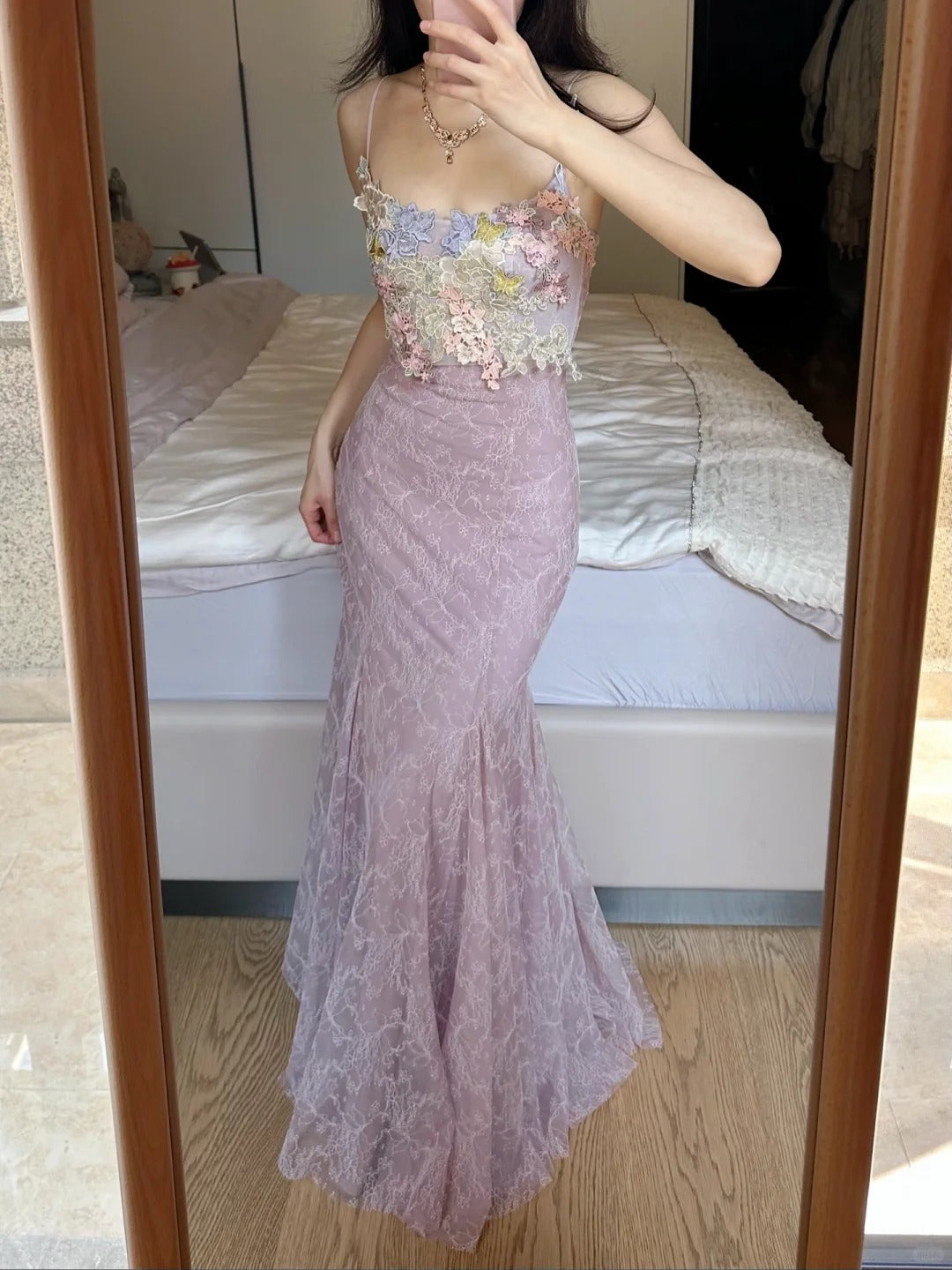 Elegant Light Purple Mermaid Square Neck 3D Floral Lace Long Prom Dress Evening Dress cc5365