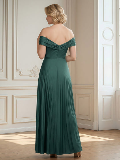 Off-Shoulder Pleated Skirt A-Line Formal Gown Dark Green