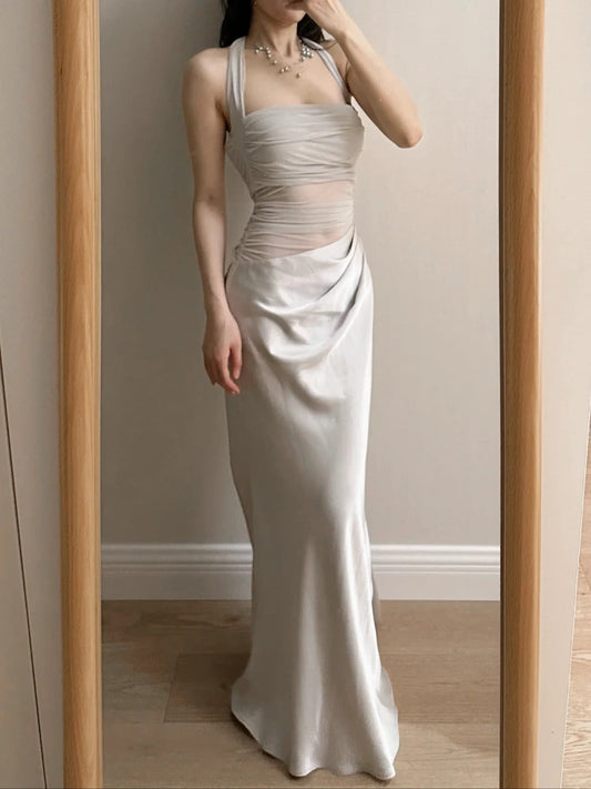 Elegant Grey Mermaid Halter Neck Square Neck Satin Tulle Long Prom Dress Evening Dress cc5366