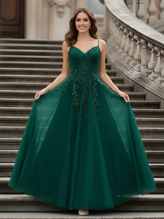 Beaded Appliqued Spaghetti Strap A-Line Dress Dark Green