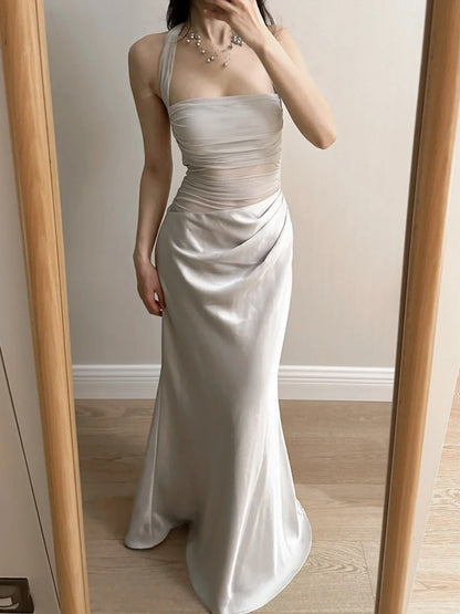 Elegant Grey Mermaid Halter Neck Square Neck Satin Tulle Long Prom Dress Evening Dress cc5366