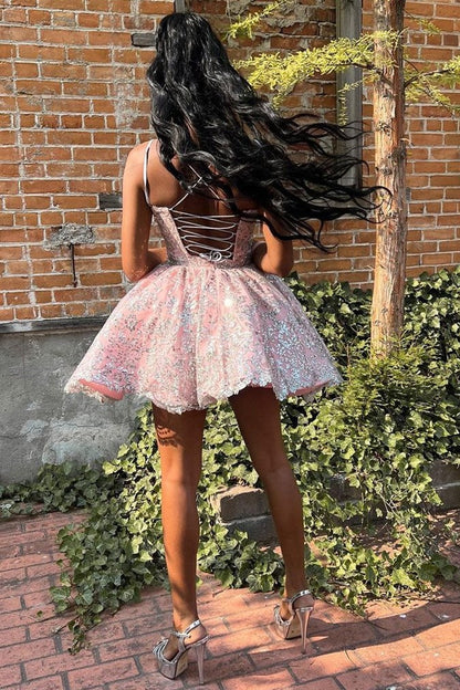 Princess Pink Lace-Up A-Line Homecoming Dress