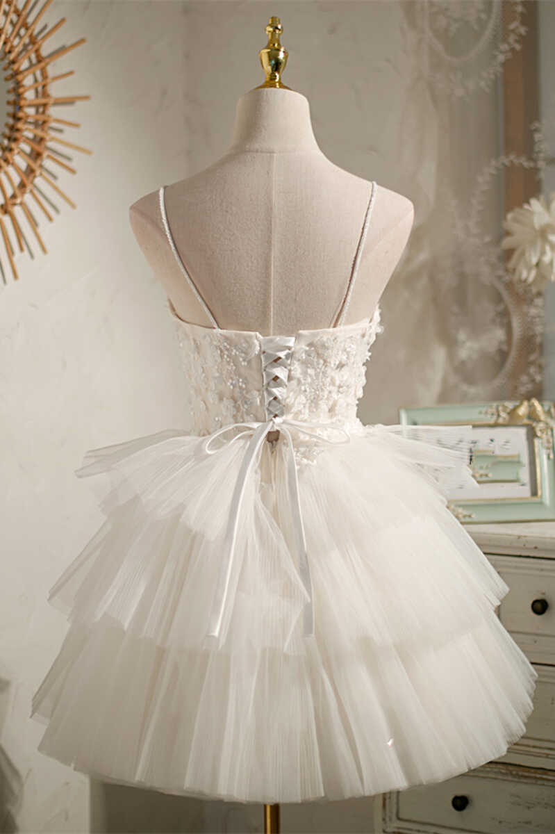 Multi-Tiered White V-Neck Short Party Dress