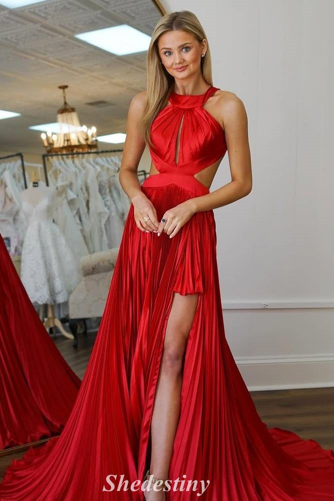 Stunning Red Backless Pleated Halter Prom Dress with Cutout Slit