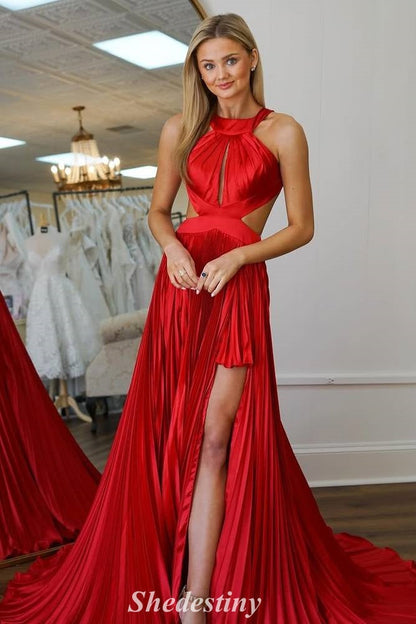 Stunning Red Backless Pleated Halter Prom Dress with Cutout Slit