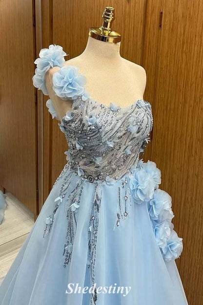 Cute Bloom Blue One Shoulder Beading Prom Dress with Applique
