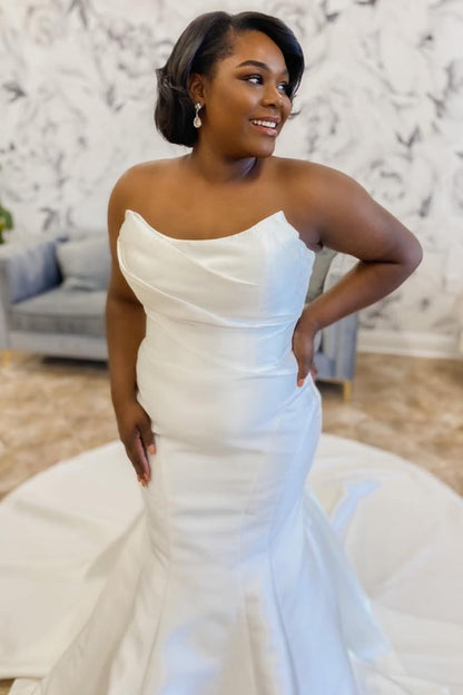 White Satin Strapless Trumpet Long Wedding Dress