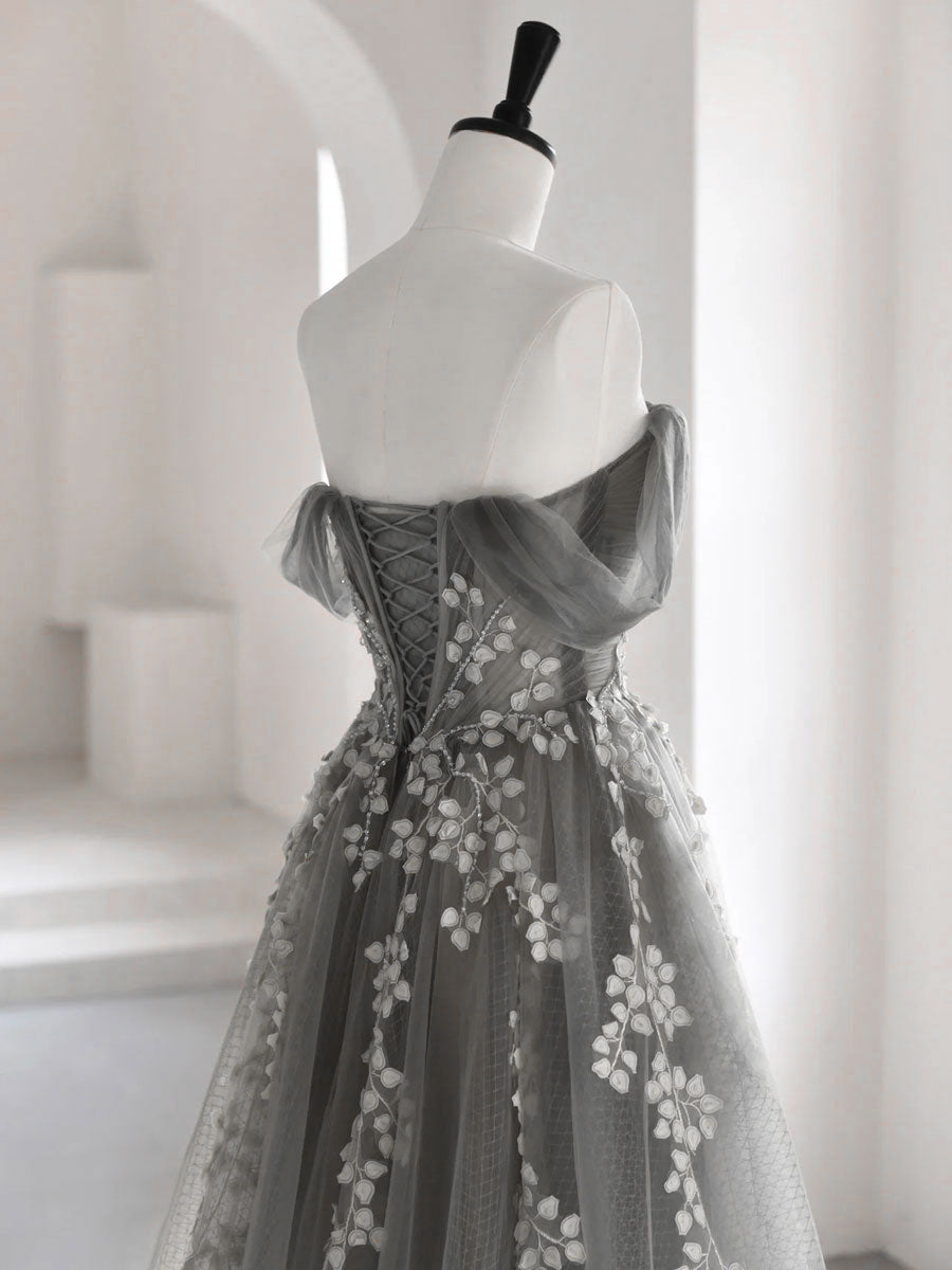 A-Line Off Shoulder Tulle Lace Gray Long Prom Dress, Gray Tulle Lace Formal Dress