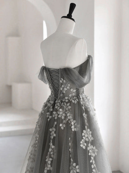 A-Line Off Shoulder Tulle Lace Gray Long Prom Dress, Gray Tulle Lace Formal Dress