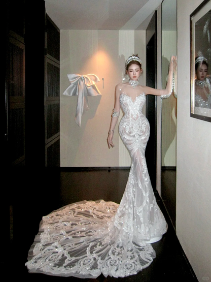 Elegant Glittering Beaded Sequined Applique Sweetheart Design Mermaid Wedding Dress Prom Dress Evening Dress HZ1024